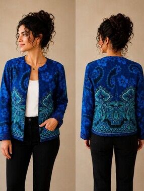 Paisley Park Print Blue/Green Open resort Casual Coastal Cotton Jacket Sz 8